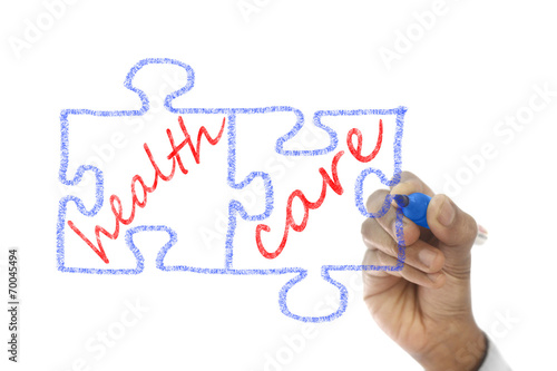 Jigsaw Pieces written Health Care are drawn on transparent wipe