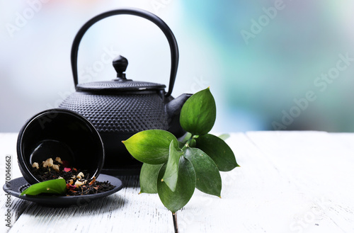 Black teapot, bowl and tea