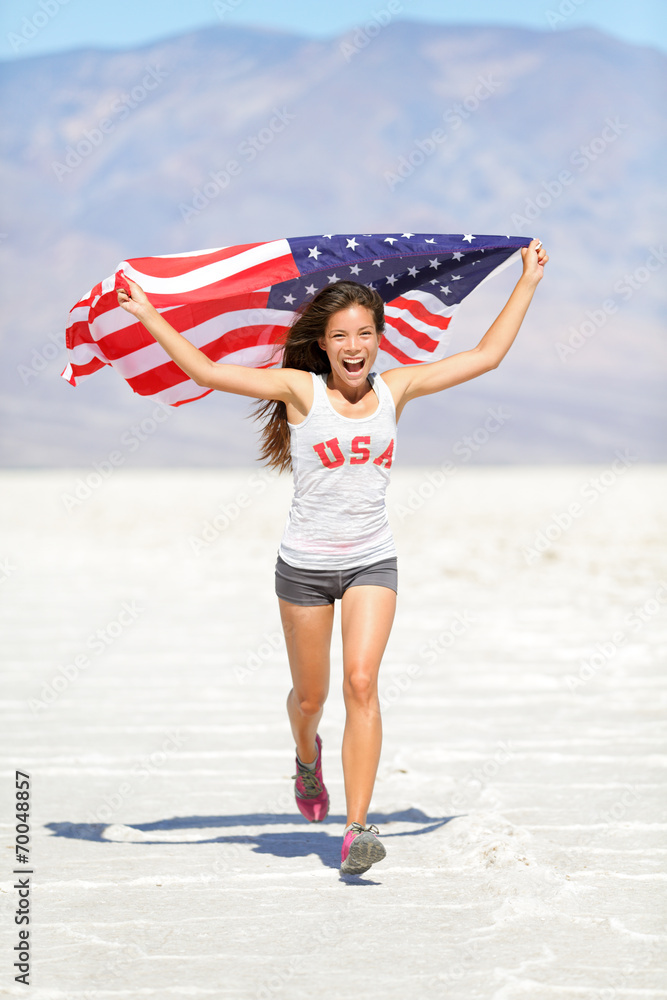 Athlete woman with american flag running Stock Photo | Adobe Stock