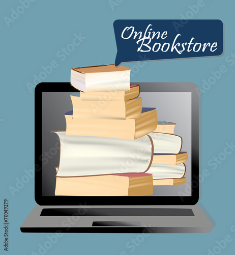 Online Bookstore. Pile of Books in Laptop
