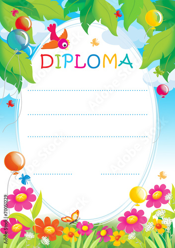 Diploma for children with balloons and flowers