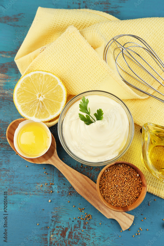 Mayonnaise ingredients on wooden background Mayonnaise ingredients on wooden background