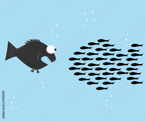 Fishes unite fight with big fish. vector illustration