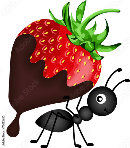 Ant carrying strawberry with chocolate sauce