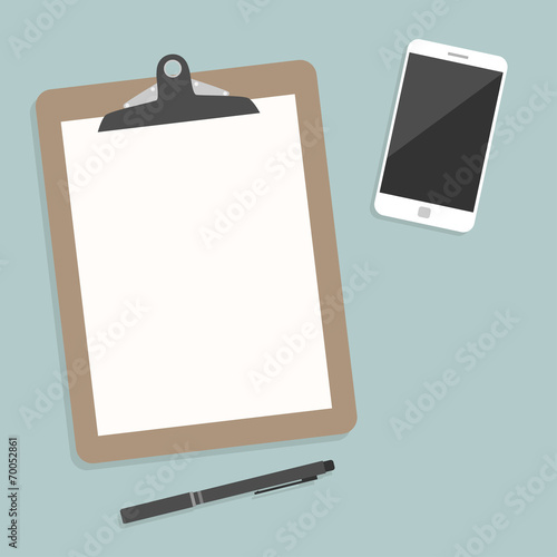 Classic brown clipboard with blank white paper.  with smartphone