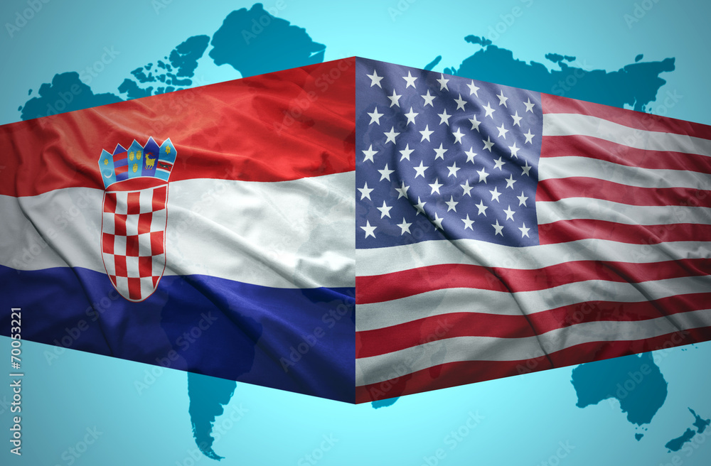 Obraz premium Waving Croatian and American flags