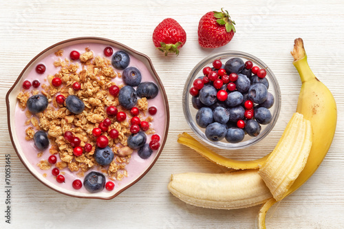 Healthy breakfast. Yogurt with granola and berries