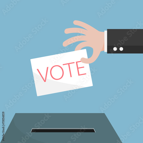 Hand of businessman vote ballot with box. Vector illustration.