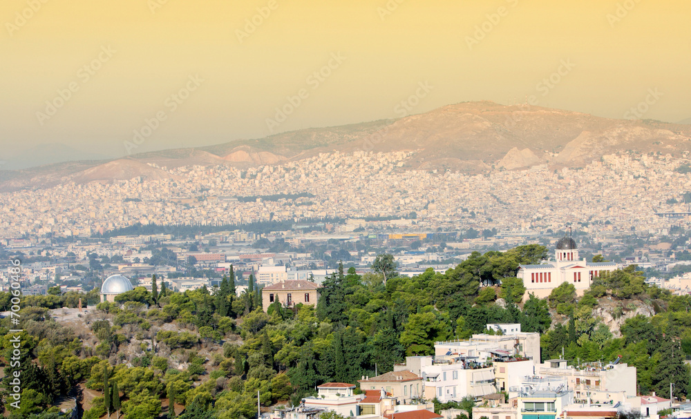 View of city and National Observatory in Athens