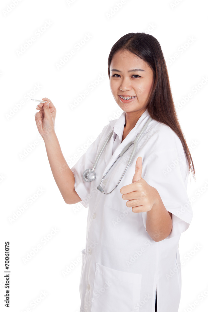 Young Asian female doctor thumbs up with thermometer Young Asian female doctor thumbs up with thermometer