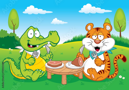 Fototapeta Naklejka Na Ścianę i Meble -  Vector illustration of Cartoon crocodile and tiger eating
