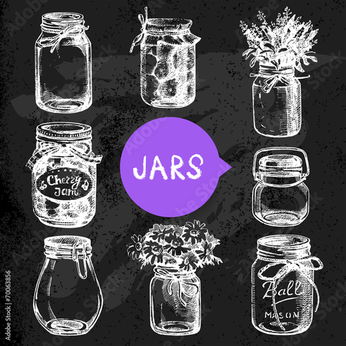 Rustic, mason and canning jars hand drawn set. Sketch design