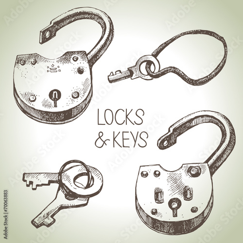 Hand drawn sketch locks and keys set. Vector illustration