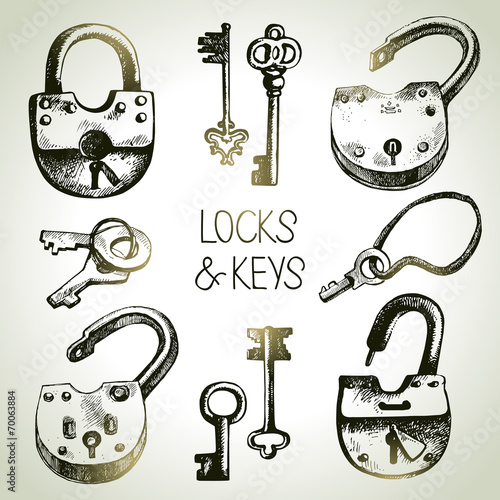 Hand drawn sketch locks and keys set. Vector illustration
