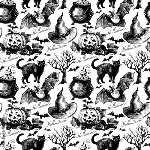 Sketch Halloween seamless pattern. Hand drawn vector