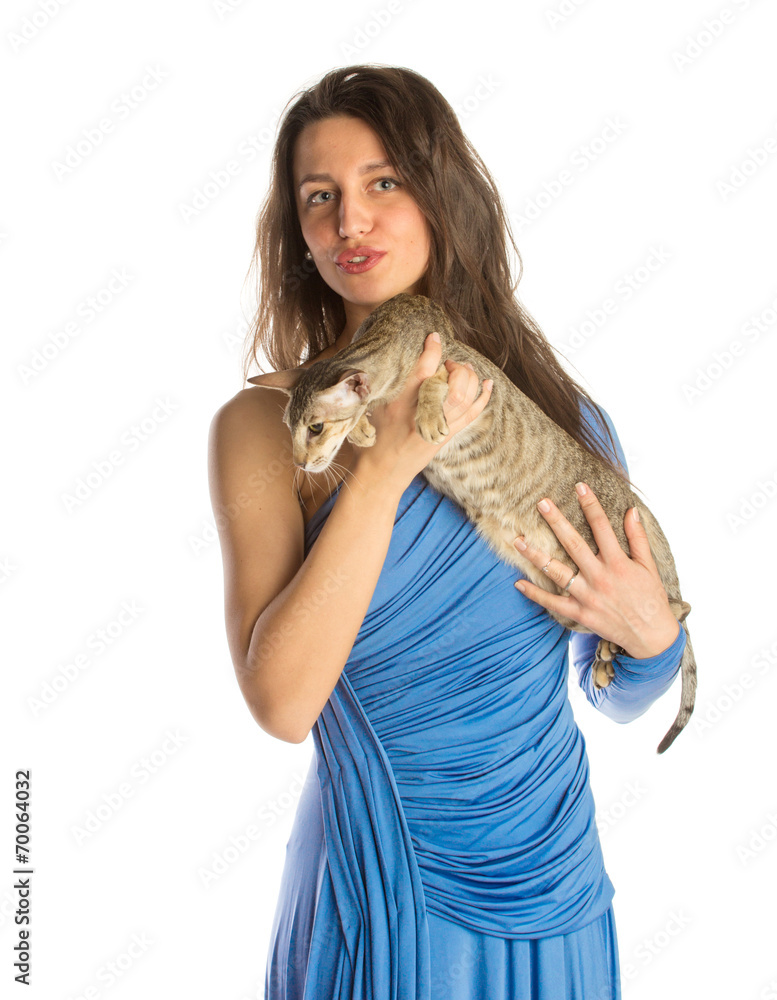 Pretty girl in night dress with cat, isolated in white Pretty girl in night dress with cat, isolated in white