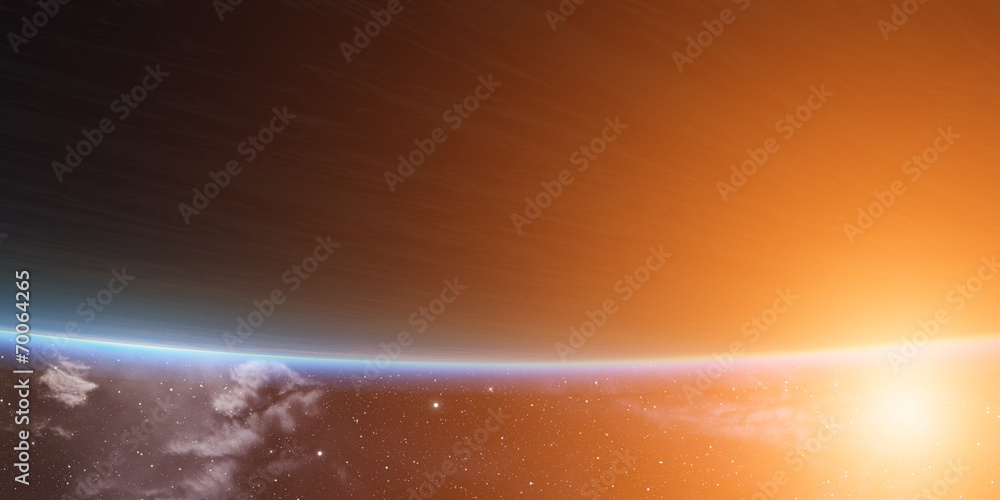 Blue planet with nebula and sun.