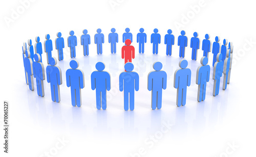 Circle of people in blue with leader in red
