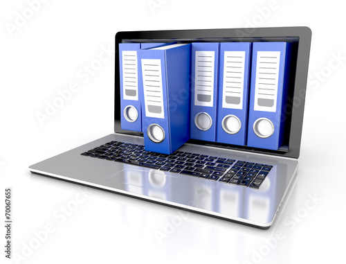 files in database - laptop with ring binders. 3d illustration photo