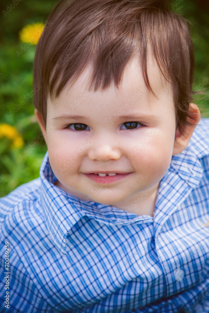 Happiness Baby boy sitting on the grass in field Happiness Baby boy sitting on the grass in field
