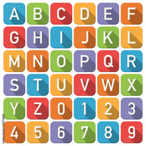 Clipart set of square vector bright color alphabet icons isolated on white