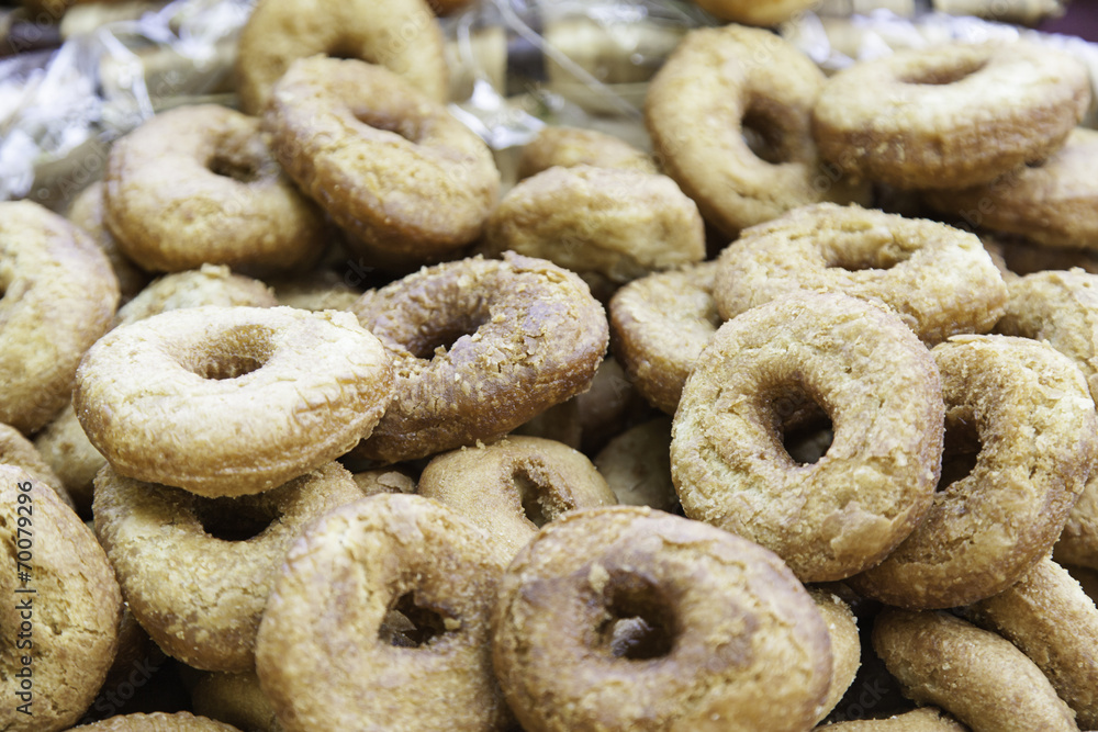 Homemade donuts in a market