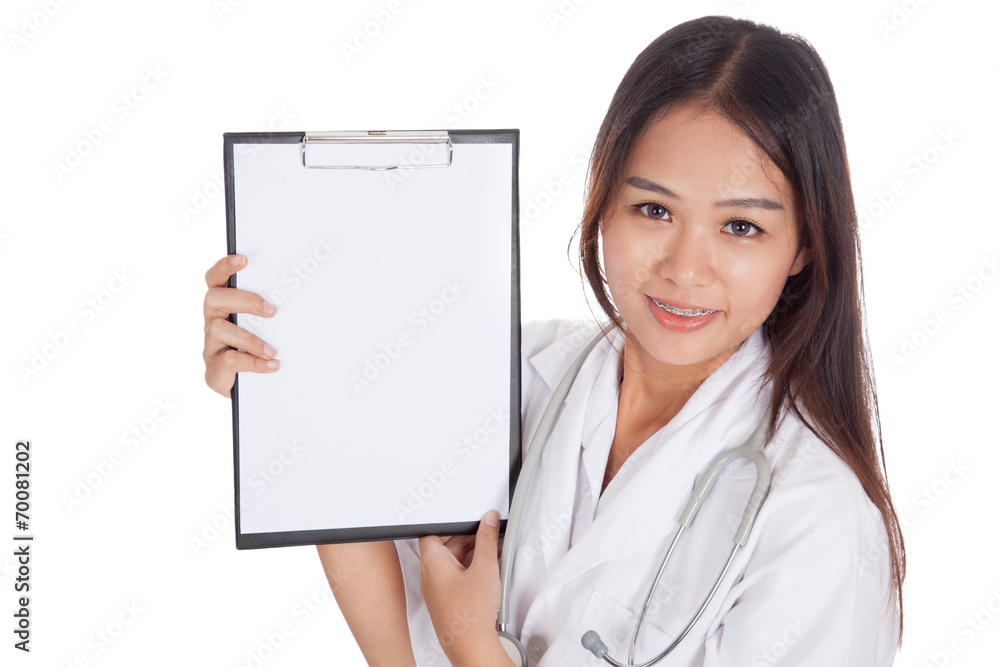 Young Asian female doctor show a blank clipboard Young Asian female doctor show a blank clipboard