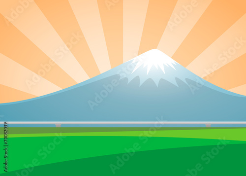 Fuji volcano landscape on the background sunburst day. vector il