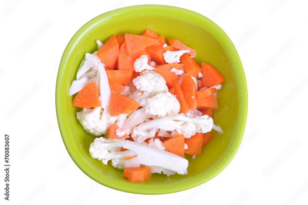Mix Vegetables Cauliflower And Carrot In Green Bowl Isolated Mix Vegetables Cauliflower And Carrot In Green Bowl Isolated