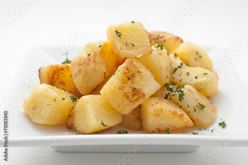 Fried potatoes on white plate