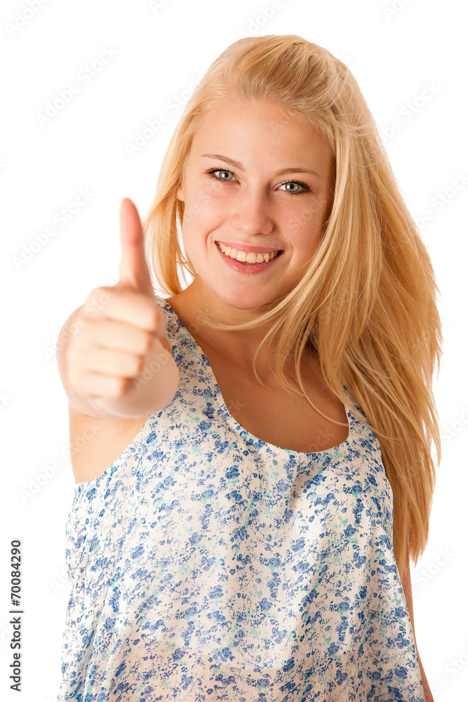 Young business woman with blonde hair and blue eyes gesturing su Young business woman with blonde hair and blue eyes gesturing su