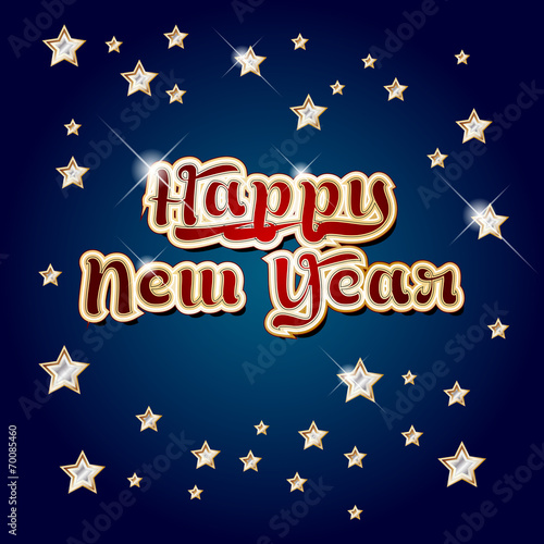 Blue background with shiny words Happy New Year and golden stars