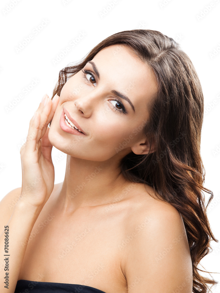Woman touching skin or applying cream, isolated