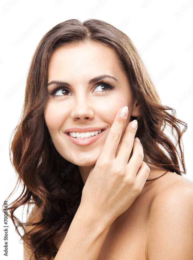 Woman touching skin or applying cream, isolated Woman touching skin or applying cream, isolated
