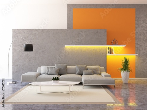 Living room interior with orange wall. Catalog interior