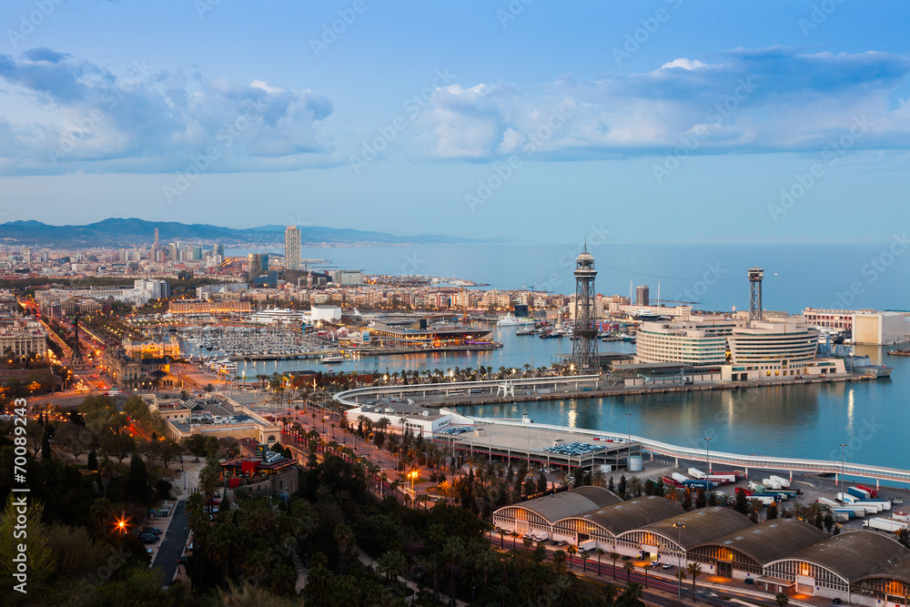Port Vell during sunset from Montjuic