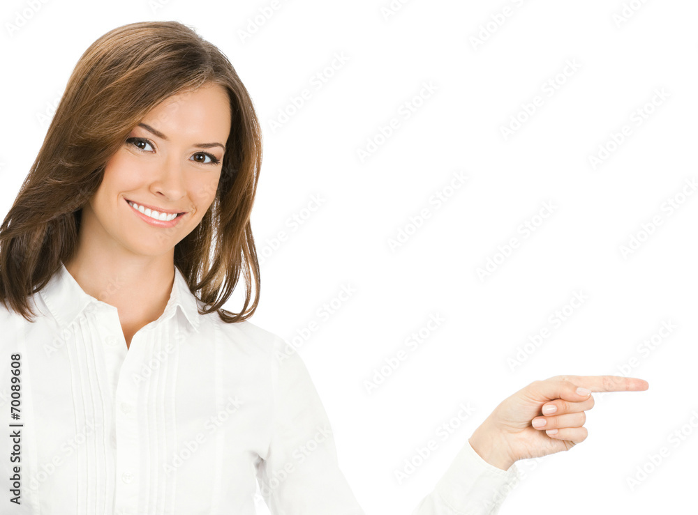 Business woman showing something, isolated