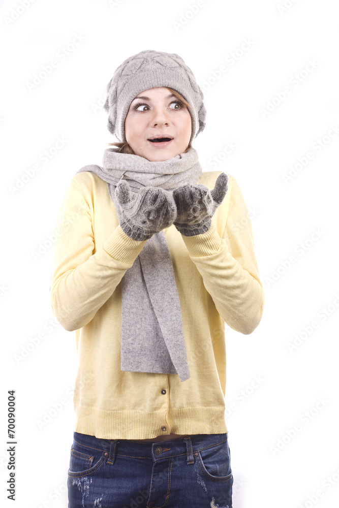 young girl in winter hat with surprise on his face young girl in winter hat with surprise on his face