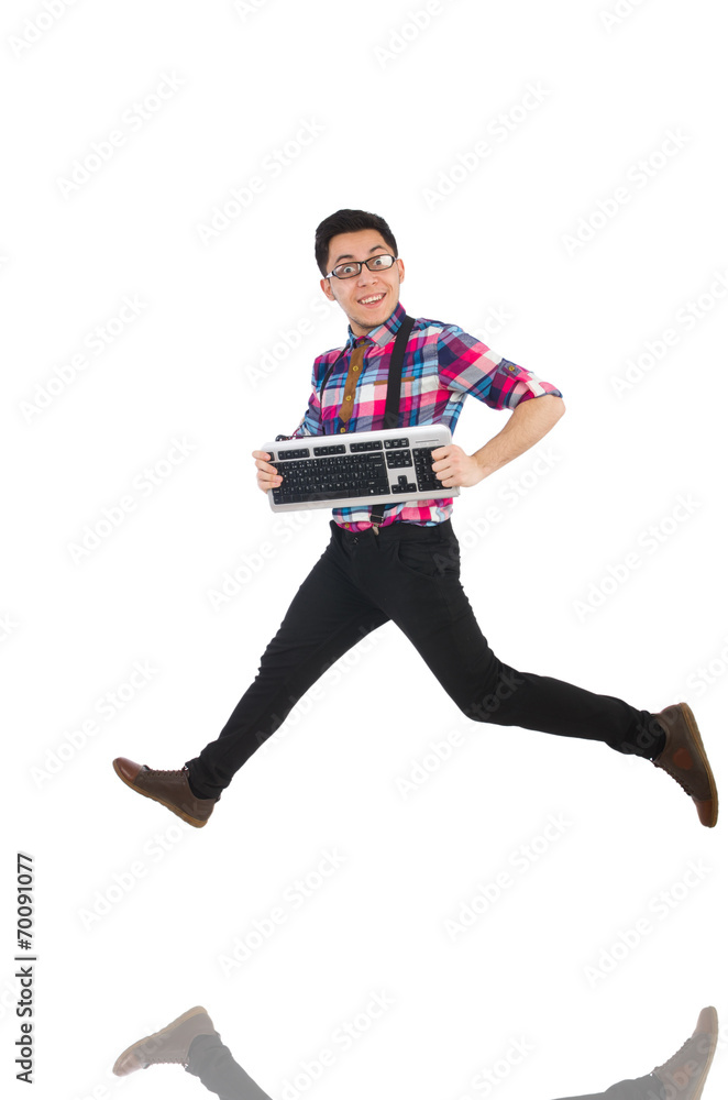 Computer nerd with keyboard isolated on white Computer nerd with keyboard isolated on white