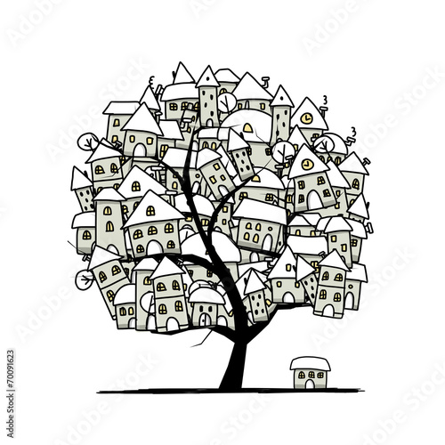Winter city sketch, art tree concept for your design