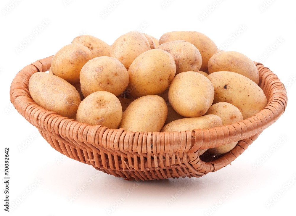 Potato tuber in wicker basket isolated on white background Potato tuber in wicker basket isolated on white background