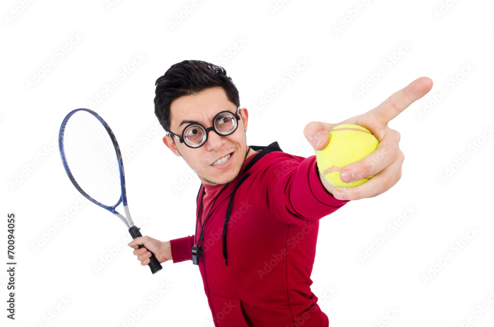 Funny tennis player isolated on white