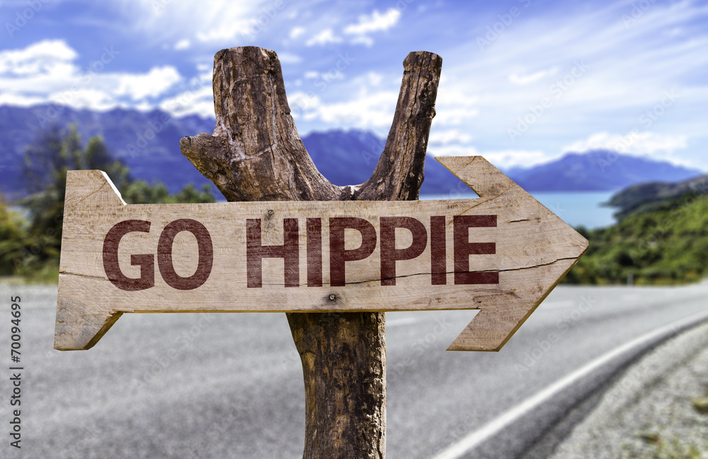 Go Hippie wooden sign with a landscape background