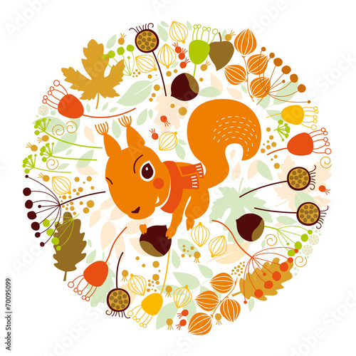 autumn illustration, squirrel, floral design