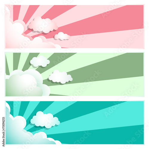 Sunray Sunburst Cloud Set Pink, Blue, Green, Vector illustration