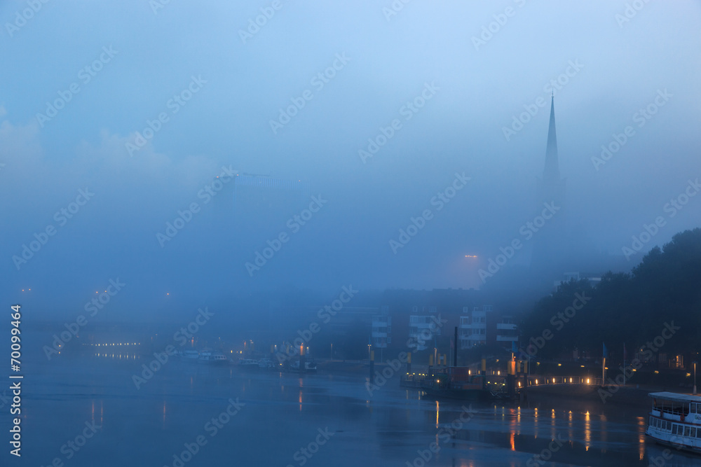 Foggy river Weser Bremen Germany