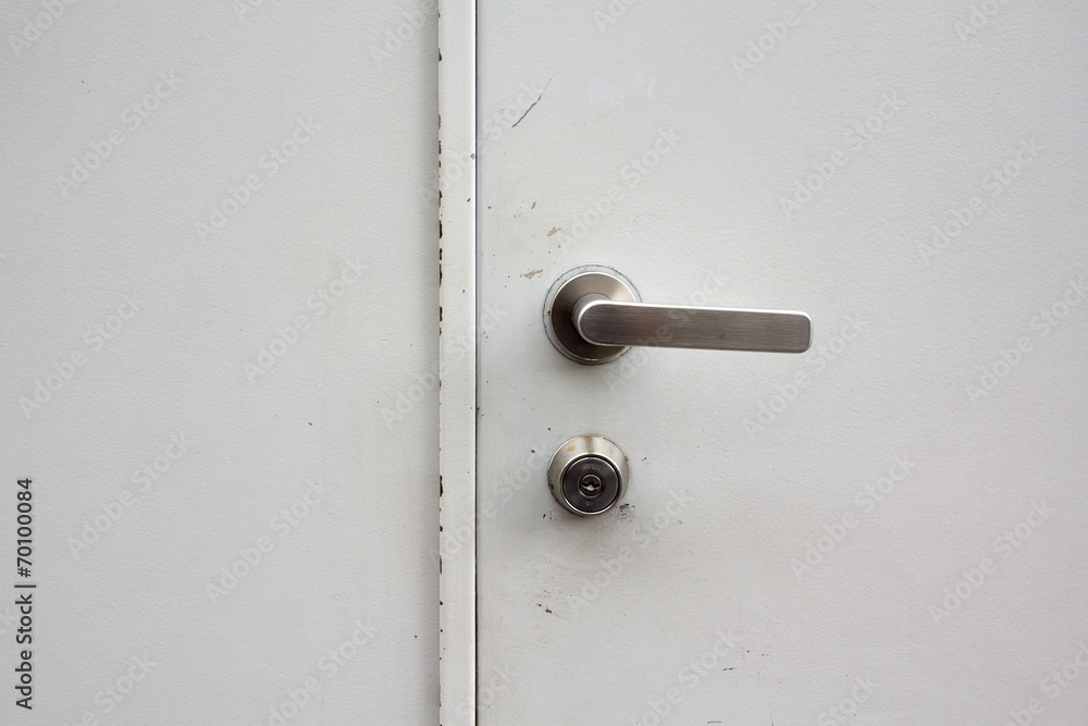 a door knob on a white door and a white wall.