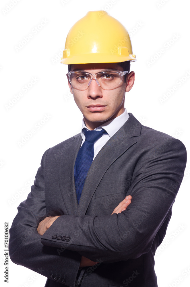 Man wearing hard hat isolated on white Man wearing hard hat isolated on white