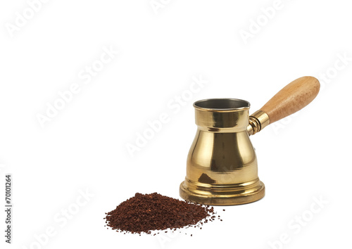 Turkish coffee pot jezve ibrik with coffee isolated on white