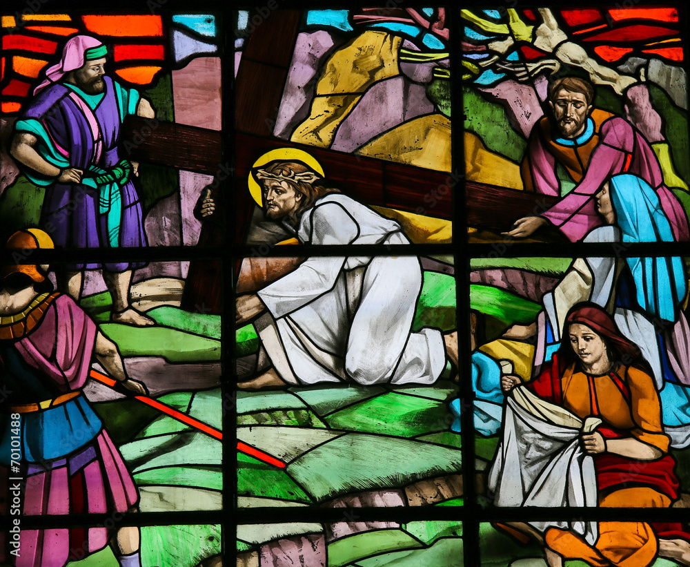 Jesus and Veronica on the Via Dolorosa - stained glass - obrazy, fototapety, plakaty 